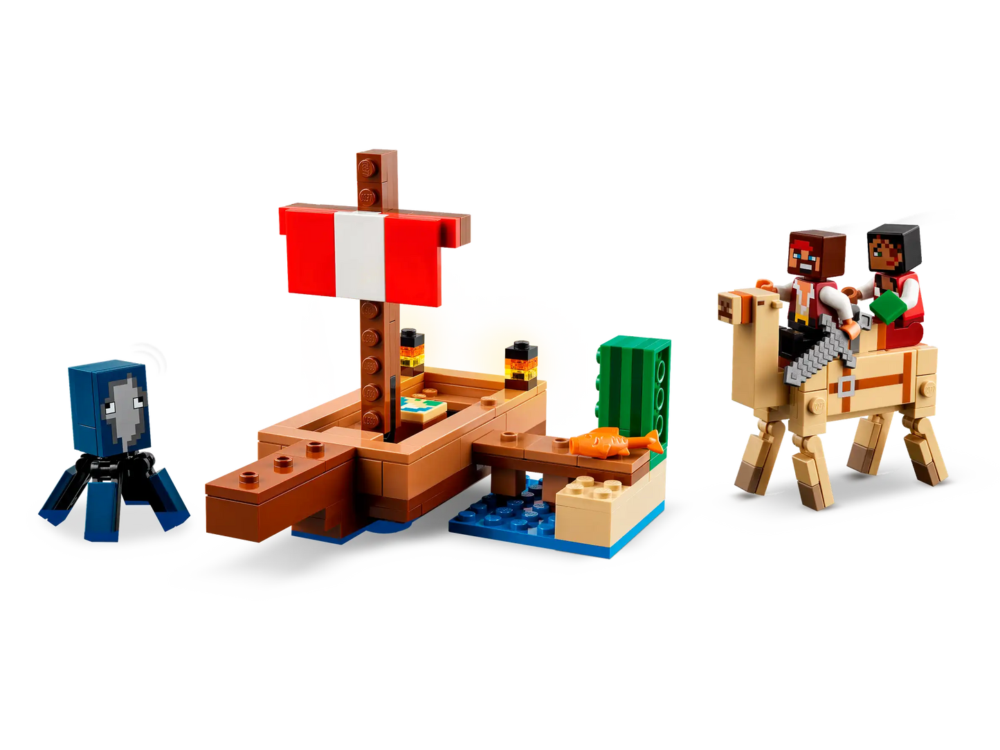 LEGO Minecraft set with characters and a camel on a white background