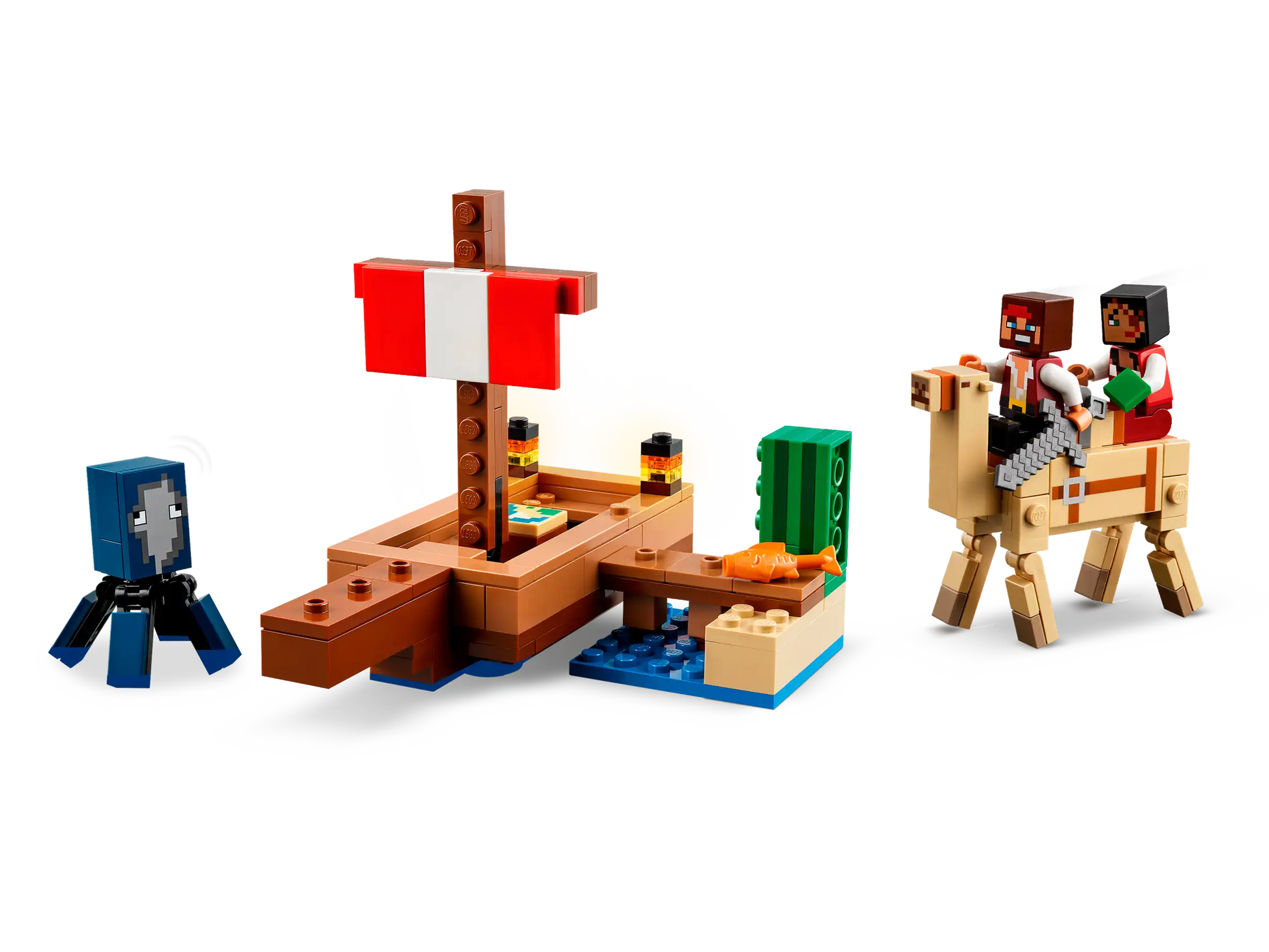 LEGO Minecraft set with characters and a camel on a white background