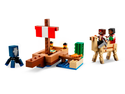 LEGO Minecraft set with characters and a camel on a white background