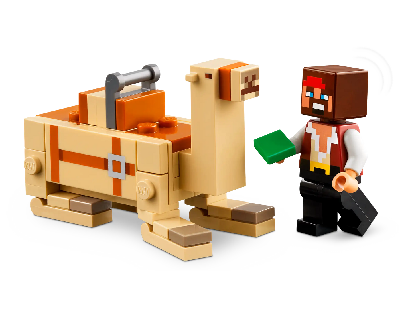 LEGO figure of a character with a green block and a LEGO camel on a white background