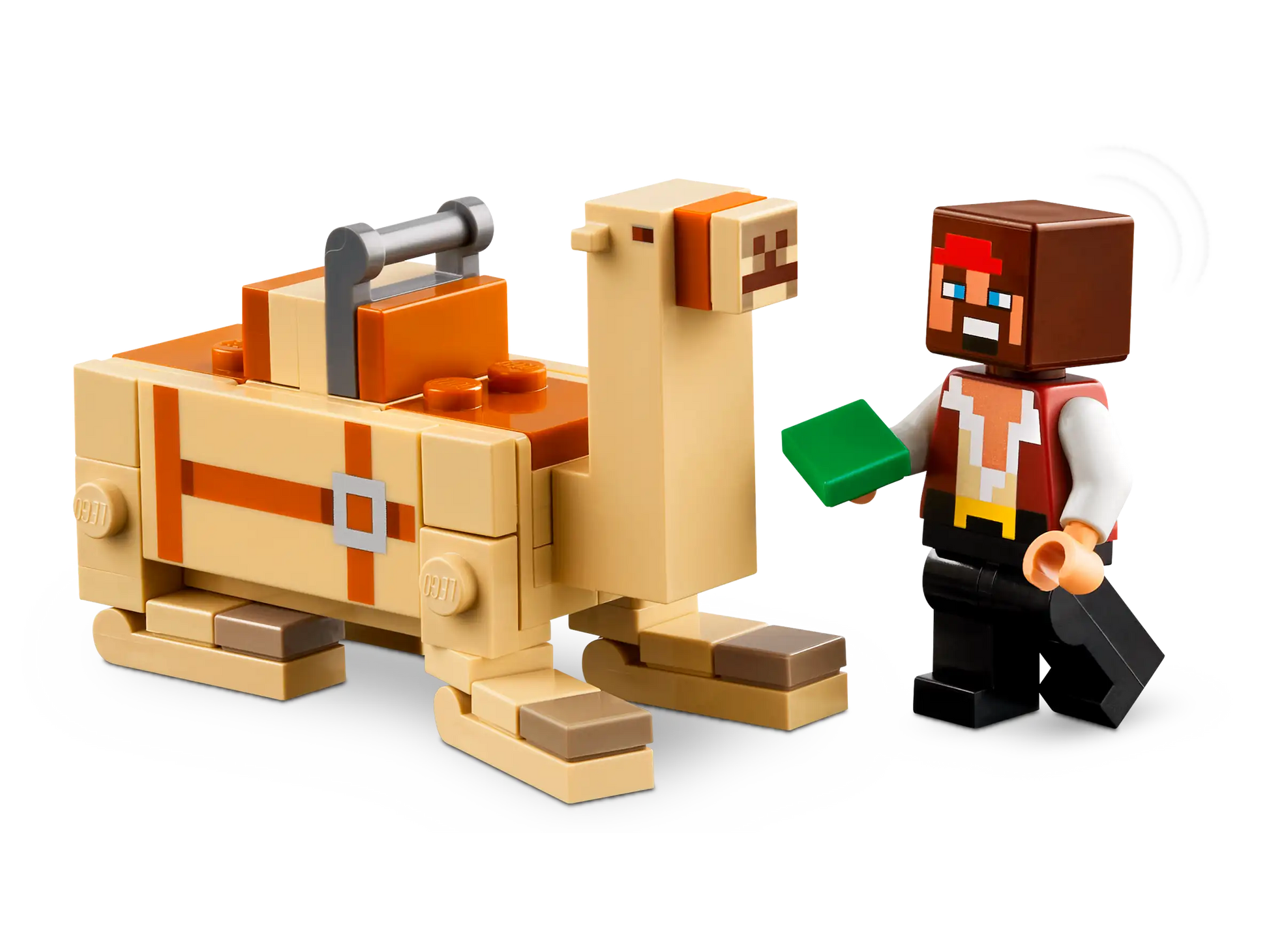 LEGO figure of a character with a green block and a LEGO camel on a white background