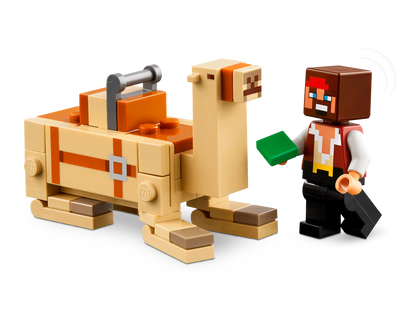 LEGO figure of a character with a green block and a LEGO camel on a white background