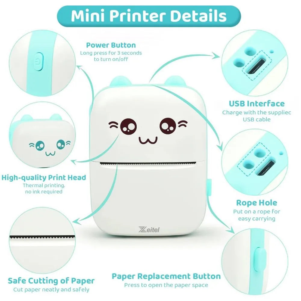 Mini Thermal Printer | Inkless Sticker Printer | Wireless Mini Pocket Printer for Labels, Stickers, Photos, Bookmarks, Cards