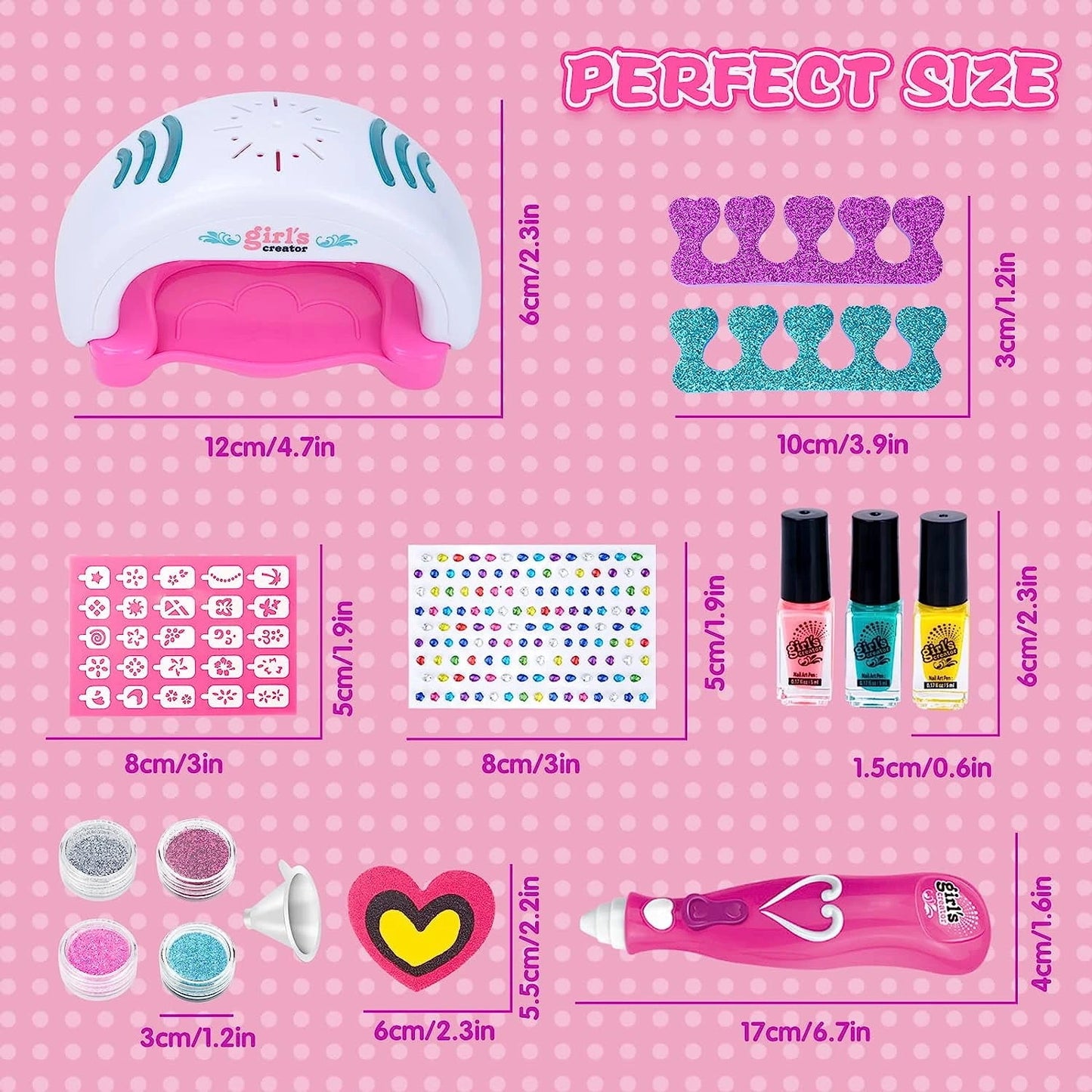 Nail art set with measurements on a pink polka dot background