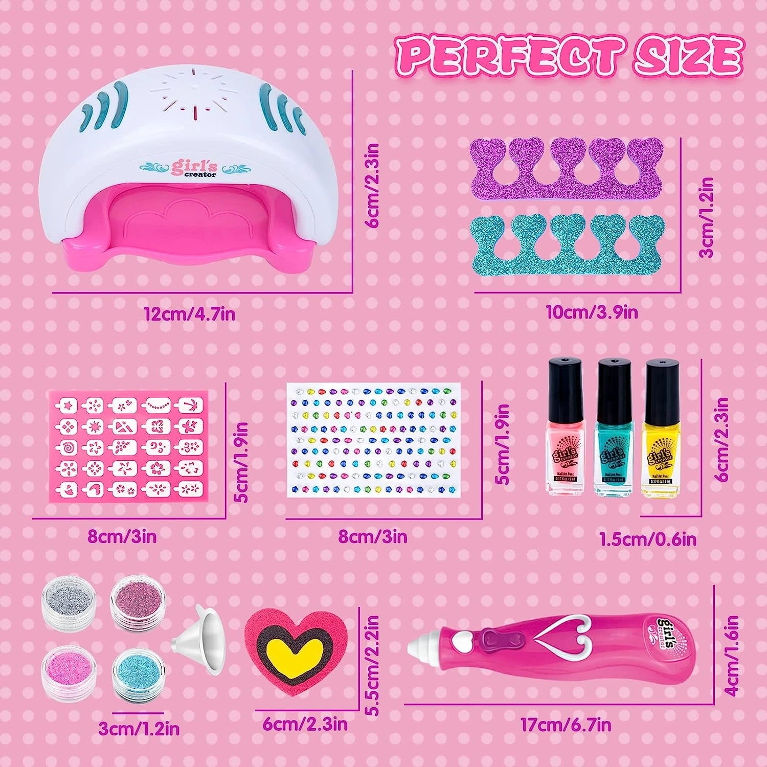 Nail art set with measurements on a pink polka dot background