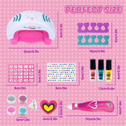 Nail art set with measurements on a pink polka dot background