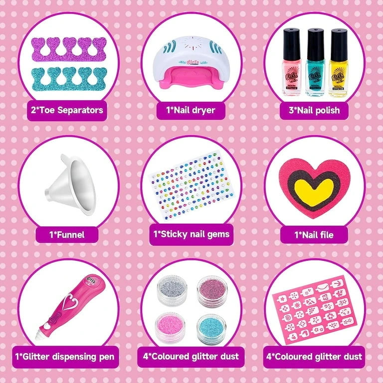 Set of nail care products with corresponding icons on a pink polka dot background