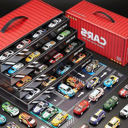 48pc Alloy Pull Back Car Set - Luxury Container Gift Box | Racing Cars with Tracks and More