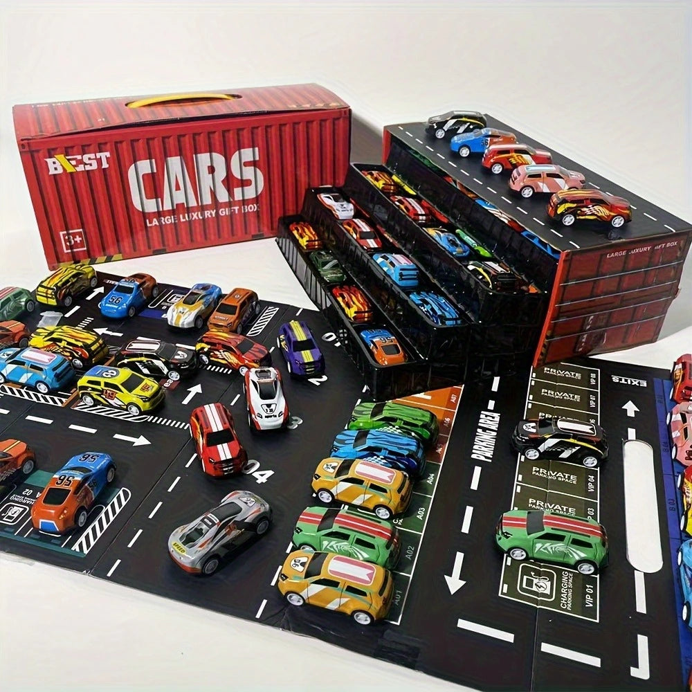 48pc Alloy Pull Back Car Set - Luxury Container Gift Box | Racing Cars with Tracks and More