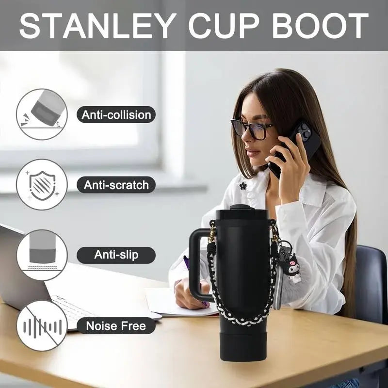 Stanley Cup Accessories Set, Cartoon Cute Pom Pom Design Handle Strap with Keychain, Silicone Stanley Cup Boot, Straw Topper