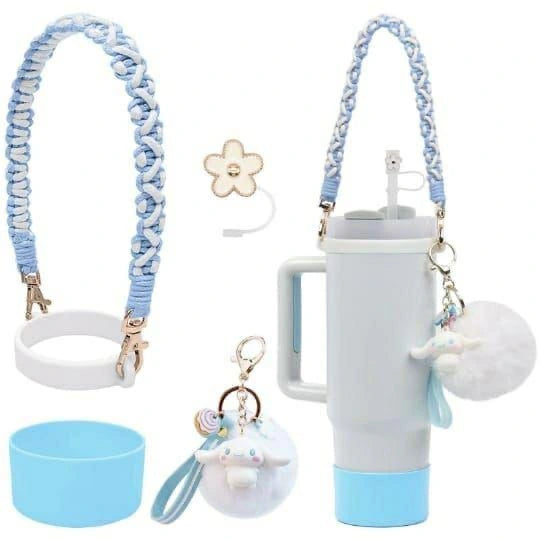 Stanley Cup Accessories Set, Cartoon Cute Pom Pom Design Handle Strap with Keychain, Silicone Stanley Cup Boot, Straw Topper