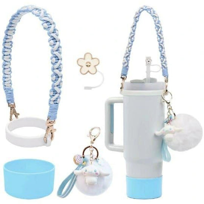 Stanley Cup Accessories Set, Cartoon Cute Pom Pom Design Handle Strap with Keychain, Silicone Stanley Cup Boot, Straw Topper