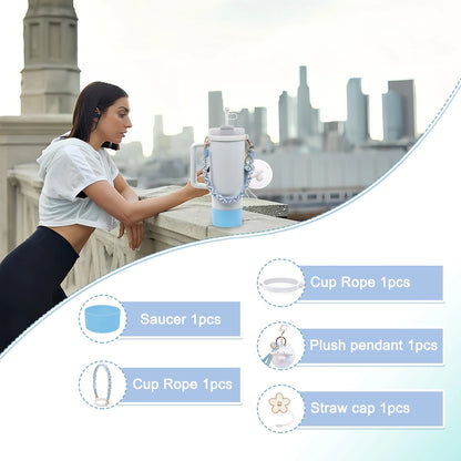 Stanley Cup Accessories Set, Cartoon Cute Pom Pom Design Handle Strap with Keychain, Silicone Stanley Cup Boot, Straw Topper