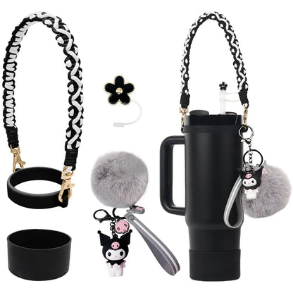 Stanley Cup Accessories Set, Cartoon Cute Pom Pom Design Handle Strap with Keychain, Silicone Stanley Cup Boot, Straw Topper