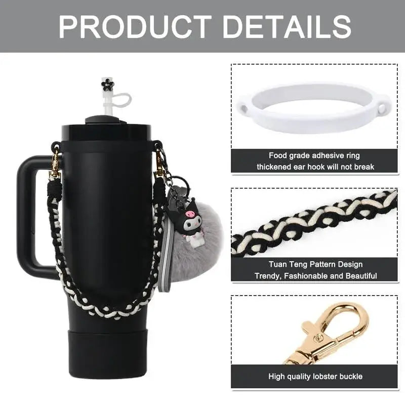 Stanley Cup Accessories Set, Cartoon Cute Pom Pom Design Handle Strap with Keychain, Silicone Stanley Cup Boot, Straw Topper