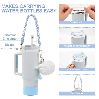 Stanley Cup Accessories Set, Cartoon Cute Pom Pom Design Handle Strap with Keychain, Silicone Stanley Cup Boot, Straw Topper