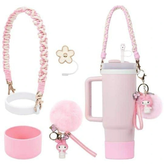 Stanley Cup Accessories Set, Cartoon Cute Pom Pom Design Handle Strap with Keychain, Silicone Stanley Cup Boot, Straw Topper