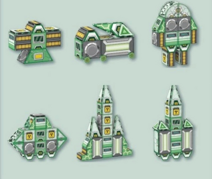 Set of green and gray toy structures on a light blue background