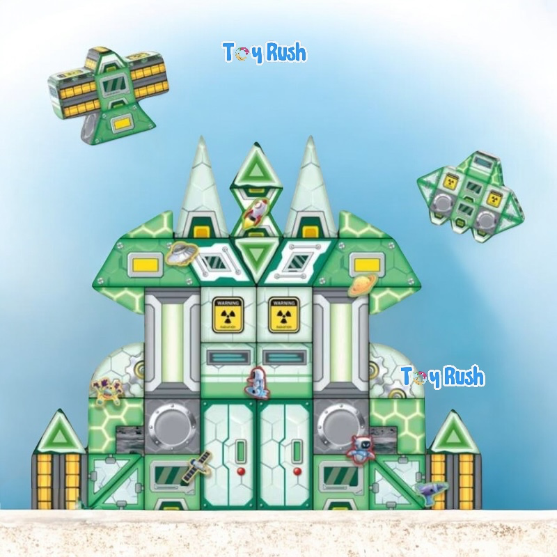 Toy castle with green and white design, surrounded by toy spaceships on a blue background, featuring 'Toy Rush' branding.