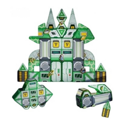 Toy set with a green and white castle-like structure and two robot-like vehicles on a white background.